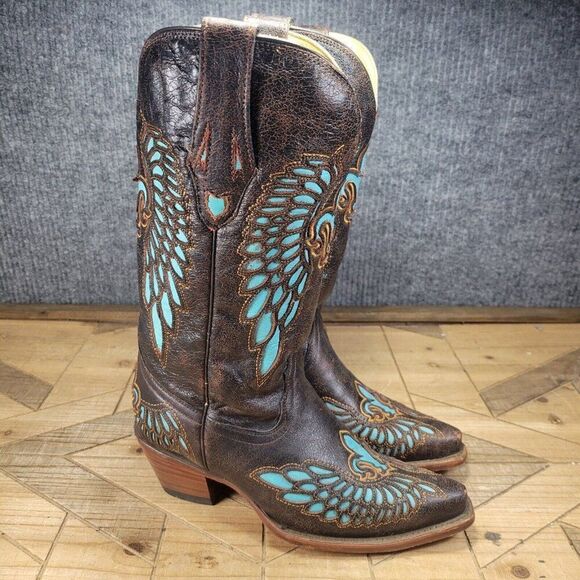 Corral Boots Shoes - Corral Boots Womens 6.5M Turquoise Inlay Fleur De Lis Wings Cowboy Brown R2458